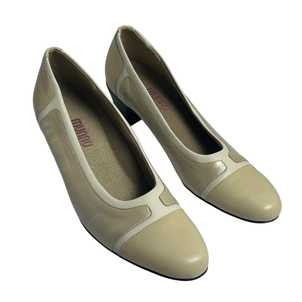 Munro American 7121 Beige Cream Leather Low Wedge Pumps Shoes Womens 8.5 SS